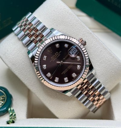 Rolex Datejust 31 New 2025 Chocolate Diamond Dial Two Tone Rose Gold Fluted Jubilee Bracelet