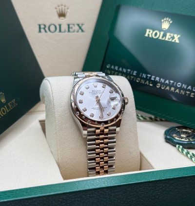 Rolex Datejust 31 New 2025 Silver Diamond Dial Two Tone Rose Gold Diamond Bezel Jubilee