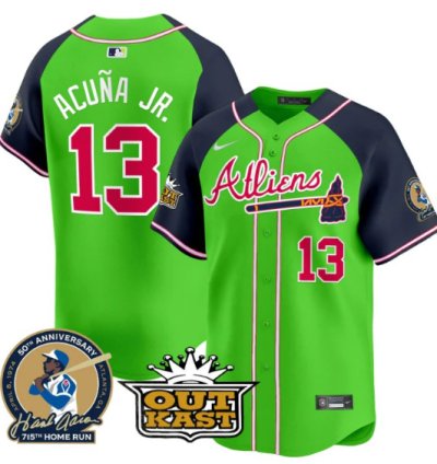 Ronald Acuna Jr Jersey 13 Atlanta Braves Atliens Hank Aaron Patch Limited Stitched Green Alternate