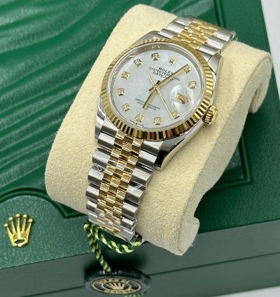 Rolex Datejust 36 126233ngwhite Mother Of Pearl Baguette Diamond Dial Yellow Gold Steel Jubilee