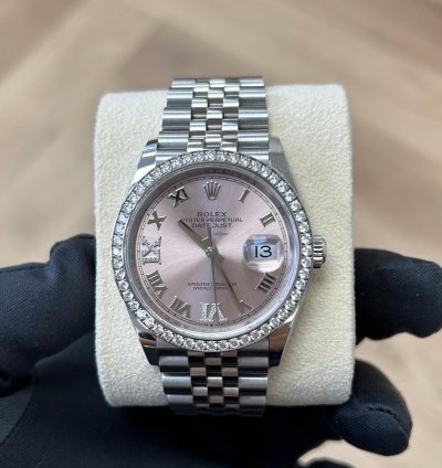 Rolex Datejust 36 2023 Pink Roman Diamond Dial Diamond Bezel Stainless Steel Jubilee