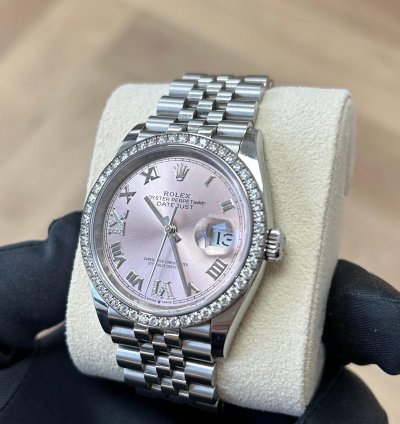 Rolex Datejust 36 2023 Pink Roman Diamond Dial Diamond Bezel Stainless Steel Jubilee