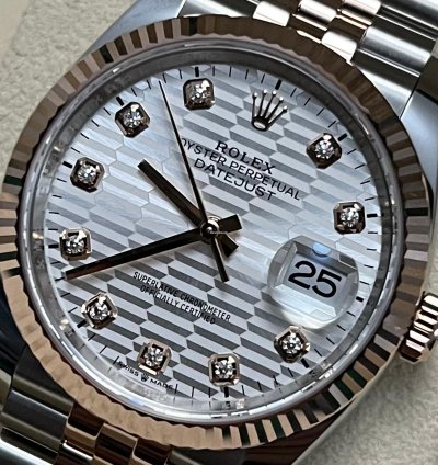Rolex Datejust 36 2024 Datejust 36 Steel Rose Gold Silver Motif Diamond Dial Jubilee 126231 Box And Papers