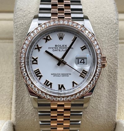 Rolex Datejust 36 36mm White Roman Dial Diamond Bezel Two Tone Jubilee Bracelet 126281rbr Unworn