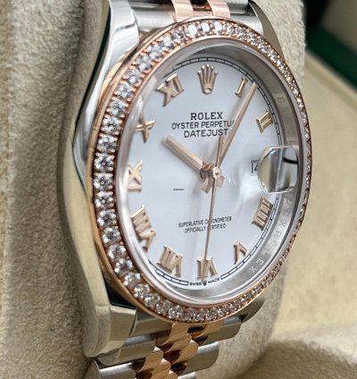 Rolex Datejust 36 36mm White Roman Dial Diamond Bezel Two Tone Jubilee Bracelet 126281rbr Unworn