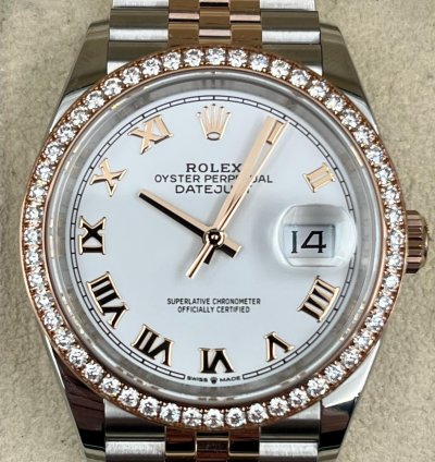 Rolex Datejust 36 36mm White Roman Dial Diamond Bezel Two Tone Jubilee Bracelet 126281rbr Unworn
