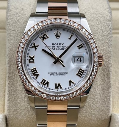 Rolex Datejust 36 36mm White Roman Dial Diamond Bezel Two Tone Oyster Bracelet 126281rbr Unworn