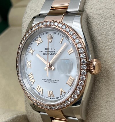 Rolex Datejust 36 36mm White Roman Dial Diamond Bezel Two Tone Oyster Bracelet 126281rbr Unworn