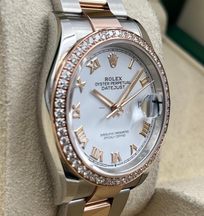 Rolex Datejust 36 36mm White Roman Dial Diamond Bezel Two Tone Oyster Bracelet 126281rbr Unworn
