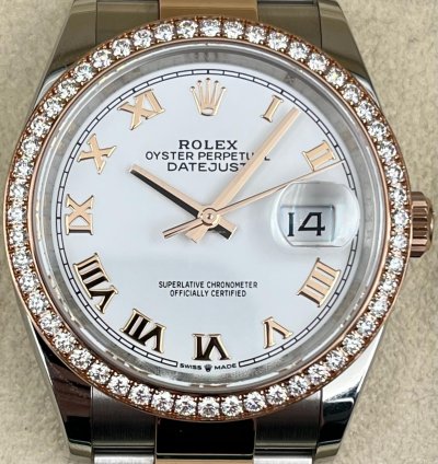 Rolex Datejust 36 36mm White Roman Dial Diamond Bezel Two Tone Oyster Bracelet 126281rbr Unworn