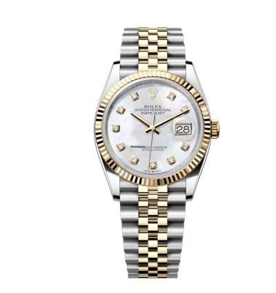 Rolex Datejust 36 Mother Of Pearl Diamond Dial Two Tone Yellow Gold Fluted Jubilee Bracelet