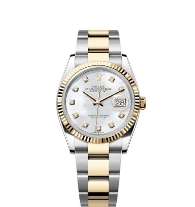 Rolex Datejust 36 Mother Of Pearl Diamond Dial Two Tone Yellow Gold Fluted Oyster Bracelet