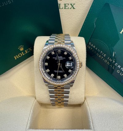 Rolex Datejust 36 New 2023 Black Diamond Dial Diamond Bezel Two Tone Yellow Gold Jubilee