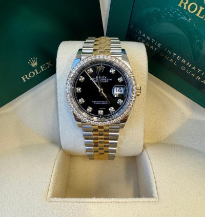Rolex Datejust 36 New 2023 Black Diamond Dial Diamond Bezel Two Tone Yellow Gold Jubilee
