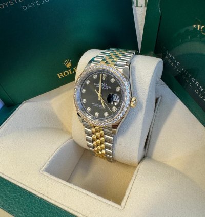 Rolex Datejust 36 New 2023 Black Diamond Dial Diamond Bezel Two Tone Yellow Gold Jubilee