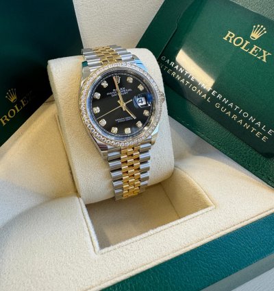 Rolex Datejust 36 New 2023 Black Diamond Dial Diamond Bezel Two Tone Yellow Gold Jubilee