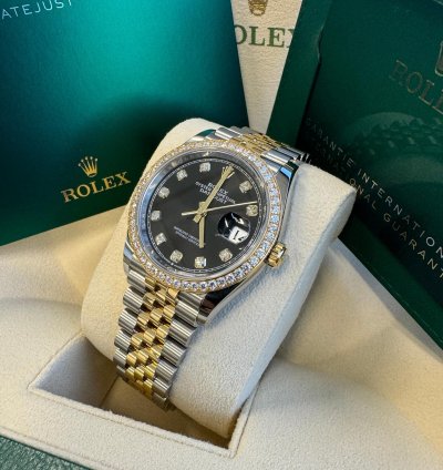 Rolex Datejust 36 New 2023 Black Diamond Dial Diamond Bezel Two Tone Yellow Gold Jubilee