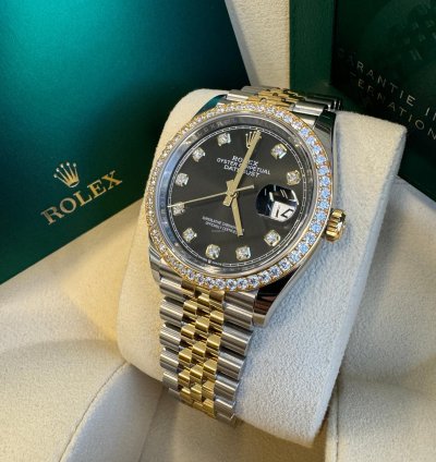 Rolex Datejust 36 New 2023 Black Diamond Dial Diamond Bezel Two Tone Yellow Gold Jubilee