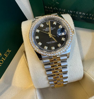 Rolex Datejust 36 New 2023 Black Diamond Dial Diamond Bezel Two Tone Yellow Gold Jubilee