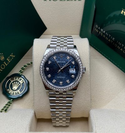 Rolex Datejust 36 New 2023 Blue Celebration Motif Diamond Dial Diamond Bezel Stainless Jubilee