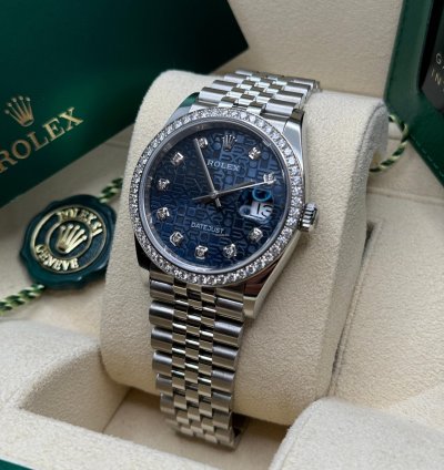 Rolex Datejust 36 New 2023 Blue Celebration Motif Diamond Dial Diamond Bezel Stainless Jubilee