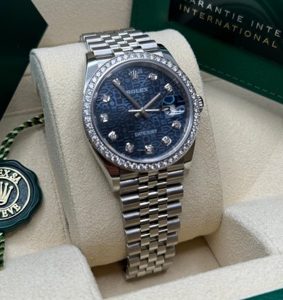 Rolex Datejust 36 New 2023 Blue Celebration Motif Diamond Dial Diamond Bezel Stainless Jubilee