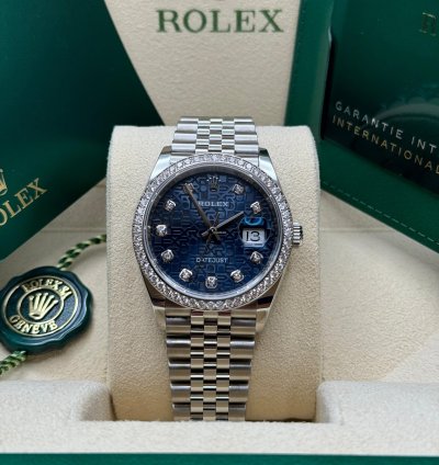 Rolex Datejust 36 New 2023 Blue Celebration Motif Diamond Dial Diamond Bezel Stainless Jubilee