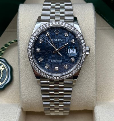 Rolex Datejust 36 New 2023 Blue Celebration Motif Diamond Dial Diamond Bezel Stainless Jubilee