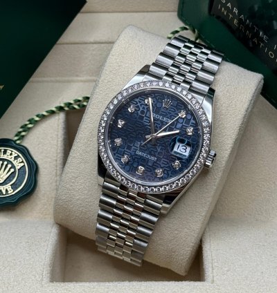 Rolex Datejust 36 New 2023 Blue Celebration Motif Diamond Dial Diamond Bezel Stainless Jubilee