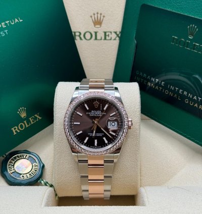 Rolex Datejust 36 New 2023 Chocolate Brown Index Dial Diamond Bezel Two Tone Rose Gold Oyster
