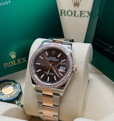 Rolex Datejust 36 New 2023 Chocolate Brown Index Dial Diamond Bezel Two Tone Rose Gold Oyster