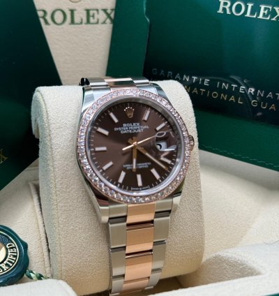 Rolex Datejust 36 New 2023 Chocolate Brown Index Dial Diamond Bezel Two Tone Rose Gold Oyster