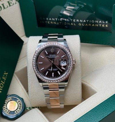 Rolex Datejust 36 New 2023 Chocolate Brown Index Dial Diamond Bezel Two Tone Rose Gold Oyster
