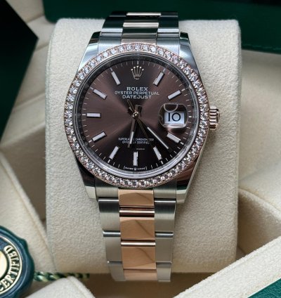 Rolex Datejust 36 New 2023 Chocolate Brown Index Dial Diamond Bezel Two Tone Rose Gold Oyster