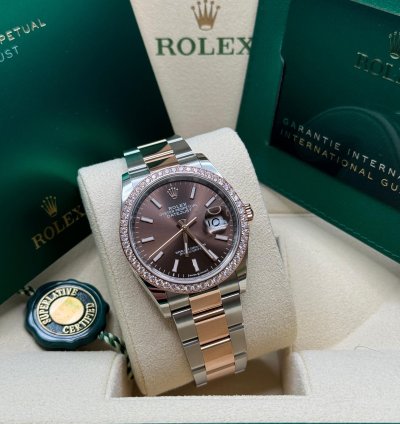 Rolex Datejust 36 New 2023 Chocolate Brown Index Dial Diamond Bezel Two Tone Rose Gold Oyster