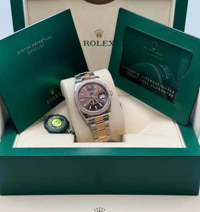 Rolex Datejust 36 New 2023 Chocolate Brown Index Dial Diamond Bezel Two Tone Rose Gold Oyster