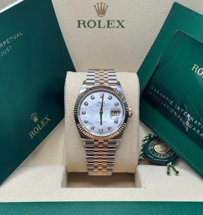 Rolex Datejust 36 New 2024 Mother Of Pearl Diamond Dial Two Tone Rose Gold Fluted Bezel Jubilee