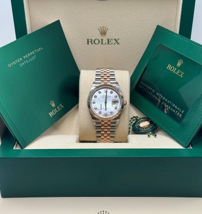 Rolex Datejust 36 New 2024 Mother Of Pearl Diamond Dial Two Tone Rose Gold Fluted Bezel Jubilee