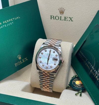 Rolex Datejust 36 New 2024 Mother Of Pearl Diamond Dial Two Tone Rose Gold Fluted Bezel Jubilee