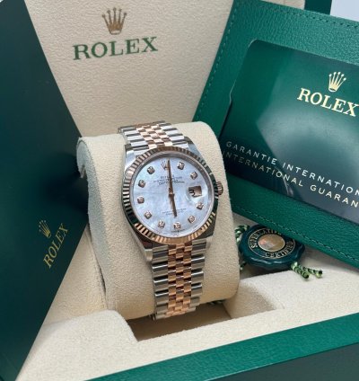 Rolex Datejust 36 New 2024 Mother Of Pearl Diamond Dial Two Tone Rose Gold Fluted Bezel Jubilee