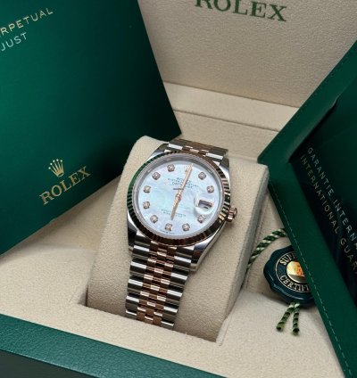 Rolex Datejust 36 New 2024 Mother Of Pearl Diamond Dial Two Tone Rose Gold Fluted Bezel Jubilee