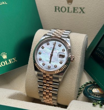 Rolex Datejust 36 New 2024 Mother Of Pearl Diamond Dial Two Tone Rose Gold Fluted Bezel Jubilee