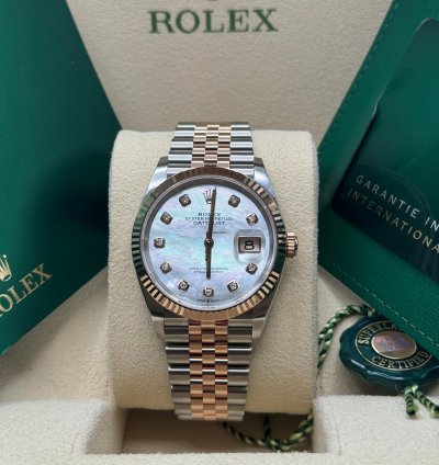 Rolex Datejust 36 New 2024 Mother Of Pearl Diamond Dial Two Tone Rose Gold Fluted Bezel Jubilee
