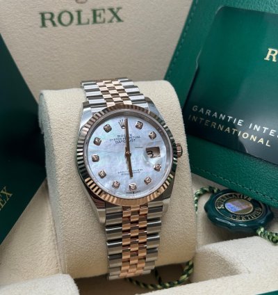 Rolex Datejust 36 New 2024 Mother Of Pearl Diamond Dial Two Tone Rose Gold Fluted Bezel Jubilee