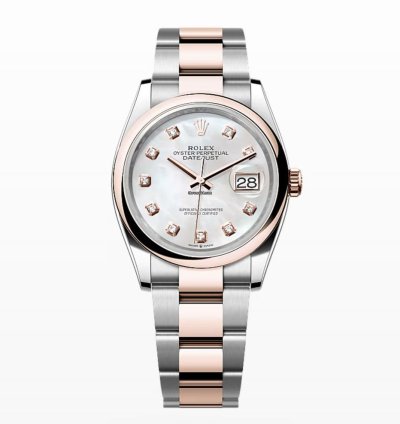 Rolex Datejust 36 New 2024 Mother Of Pearl Diamond Dial Two Tone Rose Gold Oyster Smooth