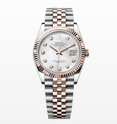 Rolex Datejust 36 New 2025 Mother Of Pearl Diamond Index Two Tone Rose Gold Jubilee Bracelet