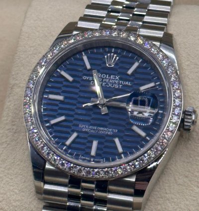 Rolex Datejust 36 Ref 126284rb Blue Motif Dial With Factory Diamond Bezel - New Unworn Full Set