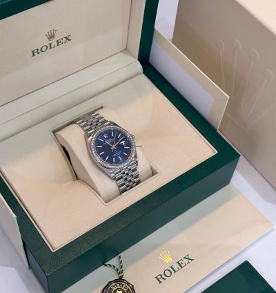 Rolex Datejust 36 Ref 126284rb Blue Motif Dial With Factory Diamond Bezel - New Unworn Full Set