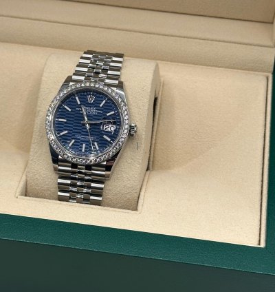 Rolex Datejust 36 Ref 126284rb Blue Motif Dial With Factory Diamond Bezel - New Unworn Full Set
