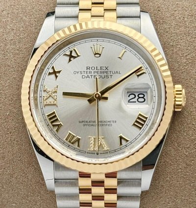 Rolex Datejust 36 Steel Yellow Gold Fluted Silver Roman Diamond Vi Ix Dial Jubilee